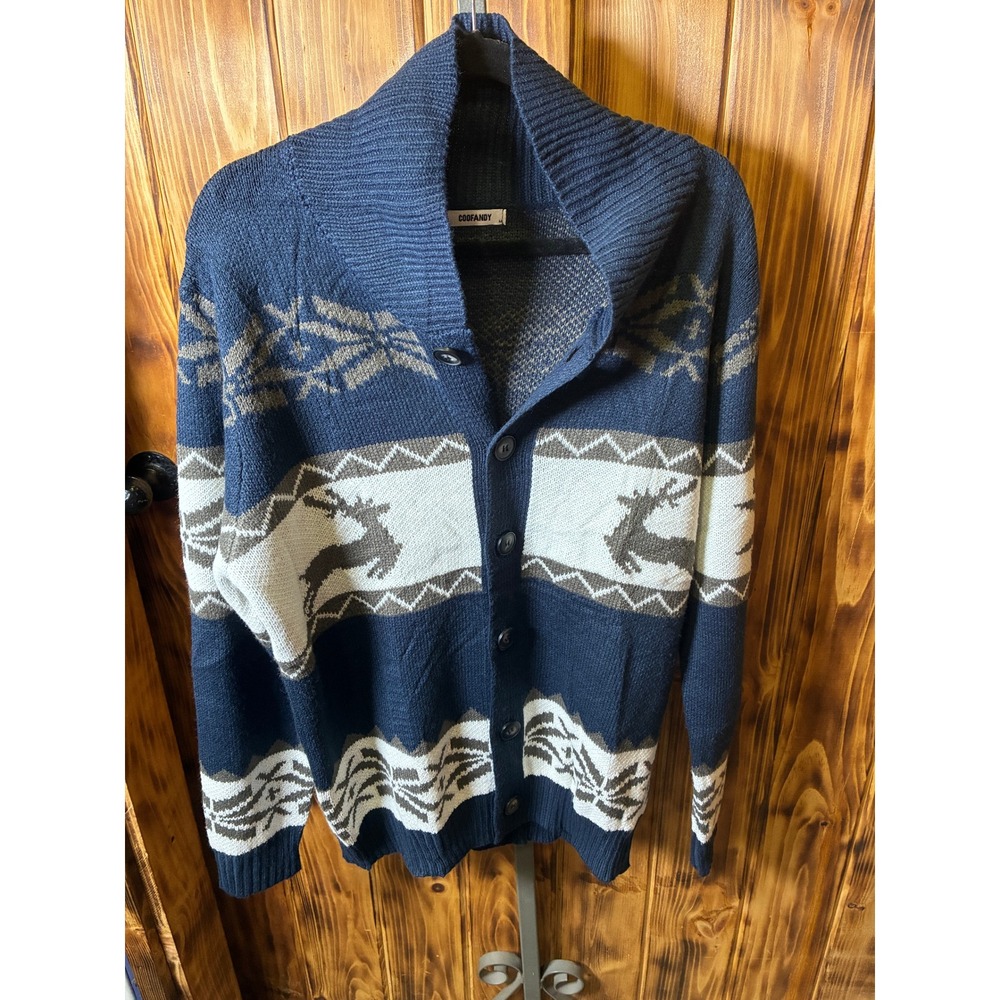 Coofandy Womens Navy Blue Reindeer Fair Isle Mock Neck Knit Sweater Size M